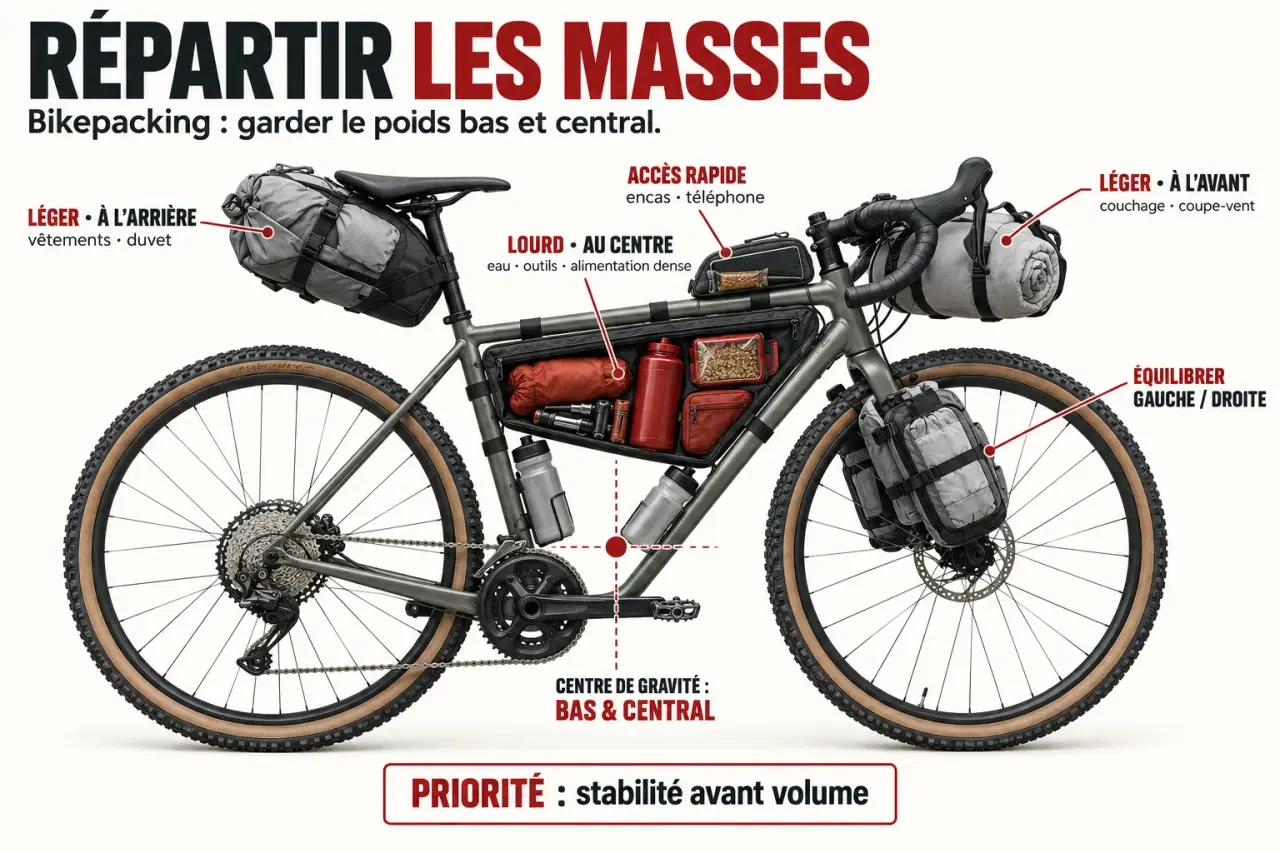 Infographie de la répartition des masses avec une sacoche bikepacking sur un vélo