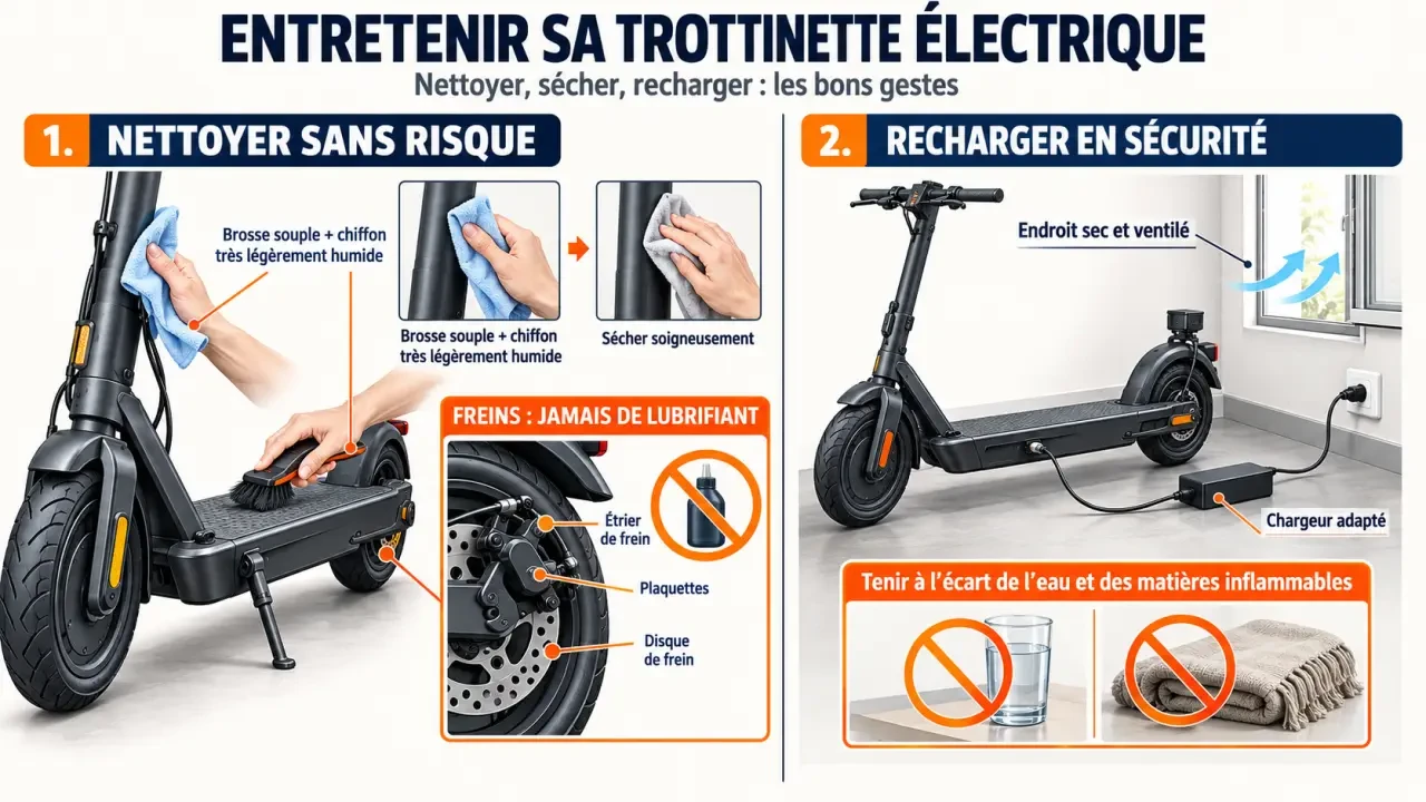 Entretien trottinette électrique : nettoyage peu humide, séchage et recharge sécurisée de la batterie