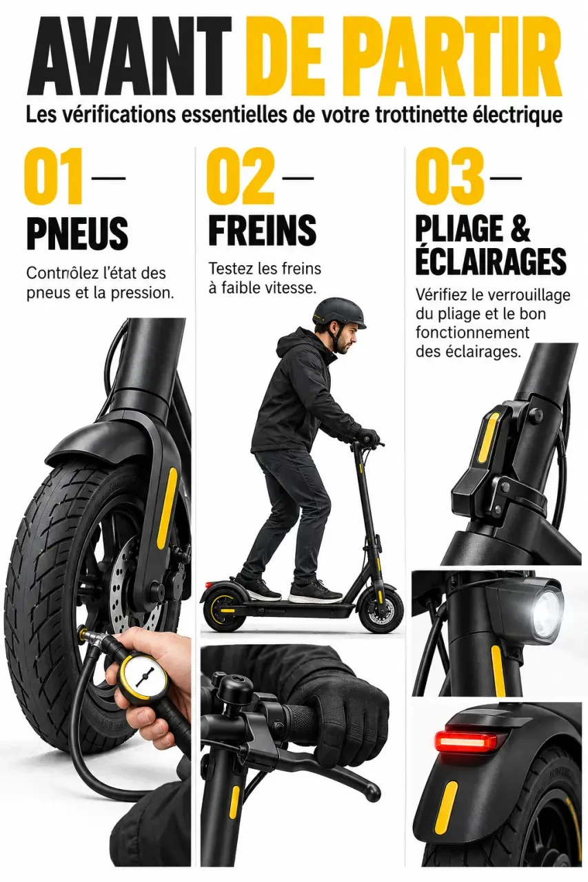 Entretien trottinette électrique : contrôle des pneus, des freins et du verrouillage avant une sortie