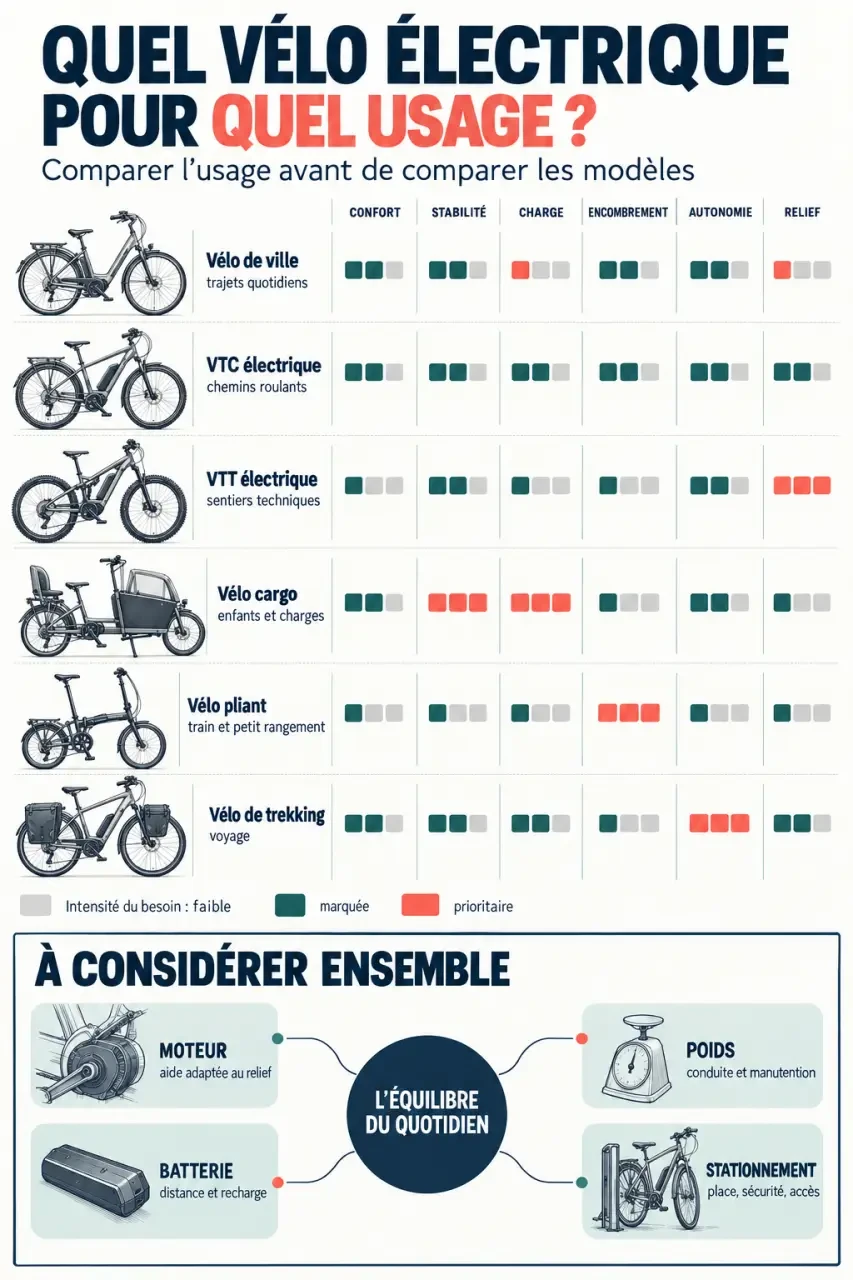 Infographie pour choisir un vélo électrique selon l’usage, le terrain, la charge et l’autonomie