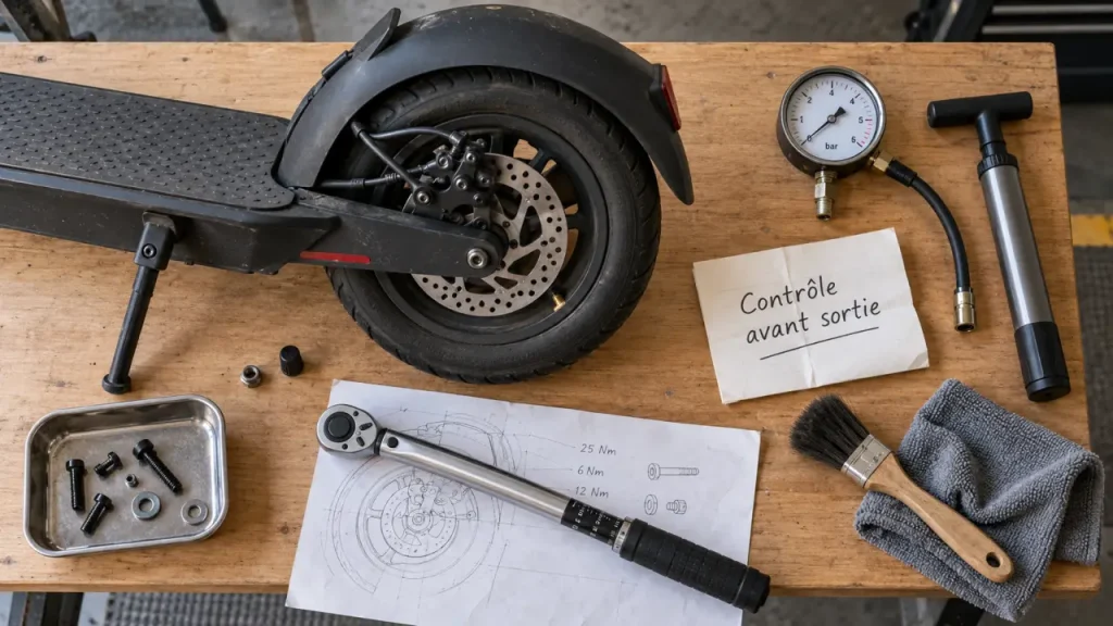 Entretien trottinette électrique : contrôles avant sortie, pression et freins visibles