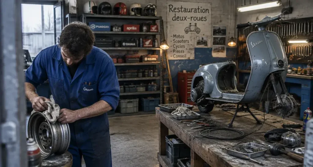 L atelier du 2 roues à La Seyne-sur-Mer : mécanicien et Vespa en restauration