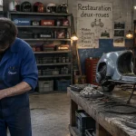 L atelier du 2 roues à La Seyne-sur-Mer : mécanicien et Vespa en restauration
